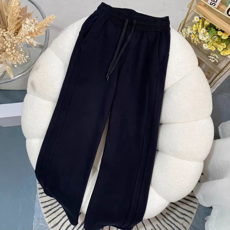Autumn Winter Women Chic ner Cotton High Waisted Sweatpants Lady Versatile Casual Solid Wide Leg Straight Trousers 251029