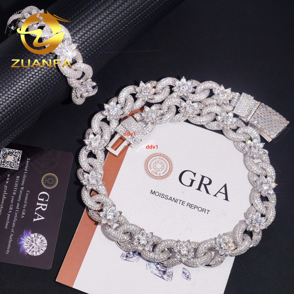 18mm Hip Hop Jewelry VVS Moissanite 925 Sliver Flower Link Chain Diamond Iced Out Infinity Miami Cuban Chain Necklace BraceletDesigner style