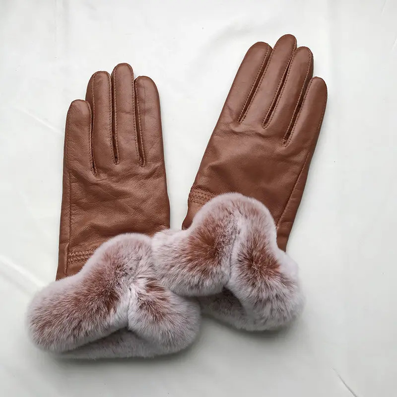 Women Winter Genuine Sheepskin leather Glove With Rex Rabbit Fur Cuff Warm Female Leather Gloves Hand Warmer 251013