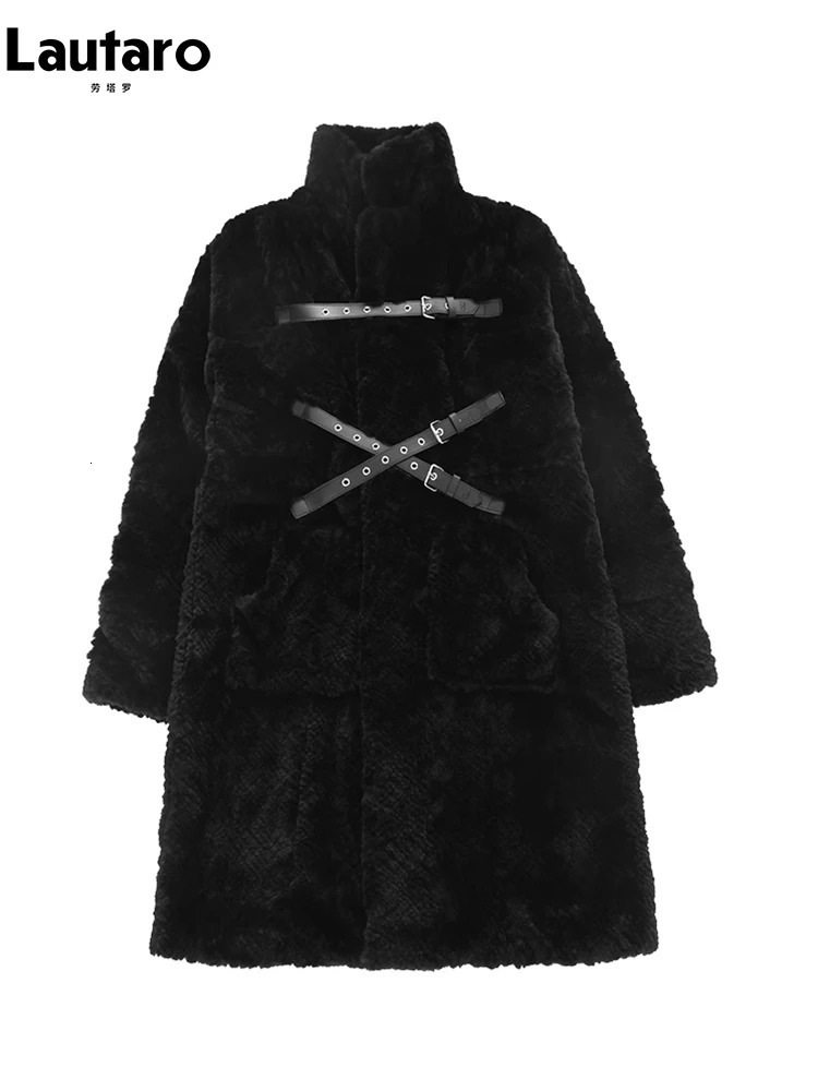 Lautaro Winter Cool Long Loose Casual Soft Thick Warm Black Fuzzy Faux Fur Coat Women Stand Collar Punk Style Fluffy Jacket 251029
