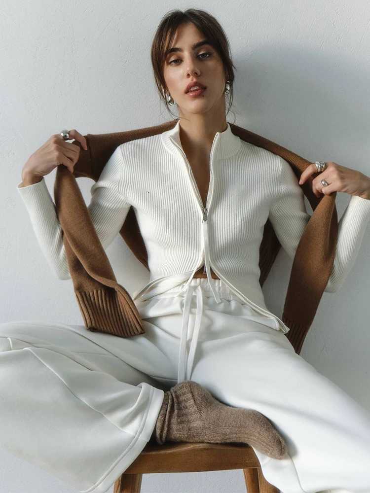 Trendix Women Winter Knit Cardigan Fashion Stand Collar Patchwork Long Sleeve Zipper Sweater Femme Slim Knitted Rib CardigansT251028