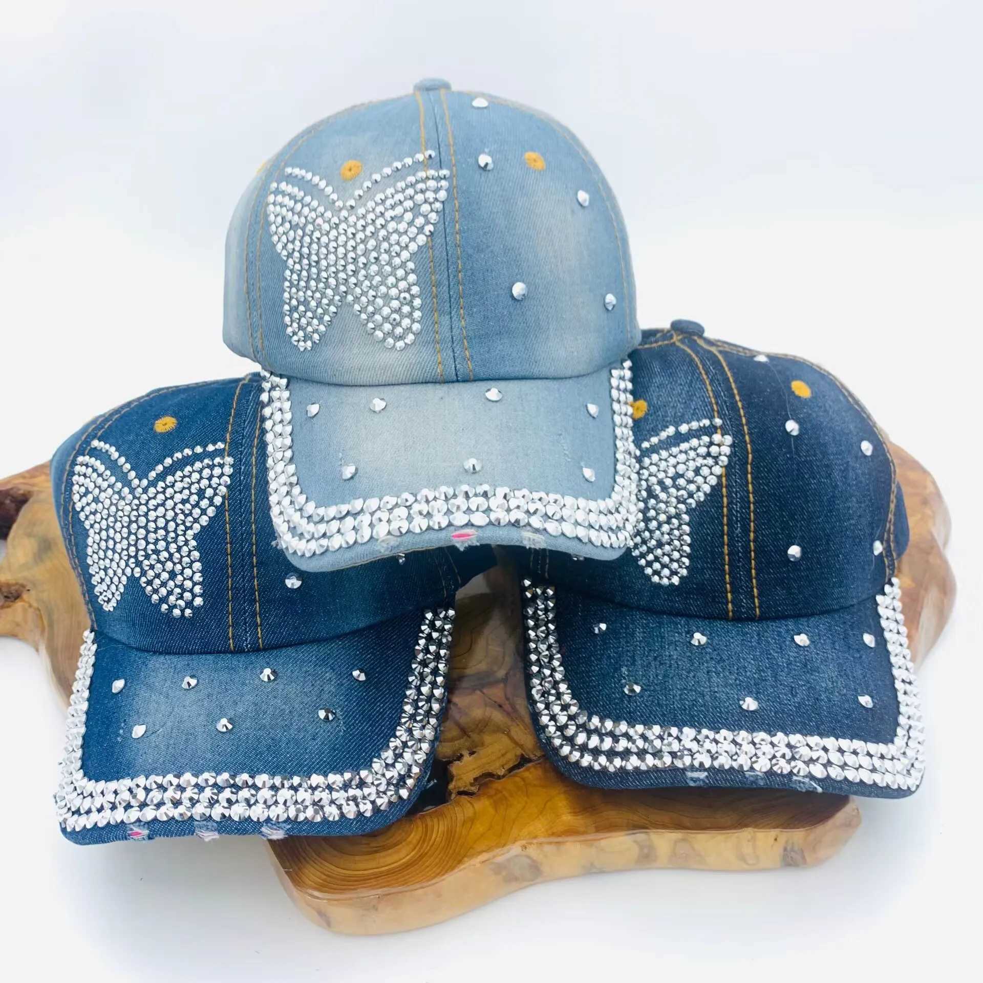 New womens rhinestone inlaid denim fashionable duckbill cap casual face enhancing small adult baseball capW251029