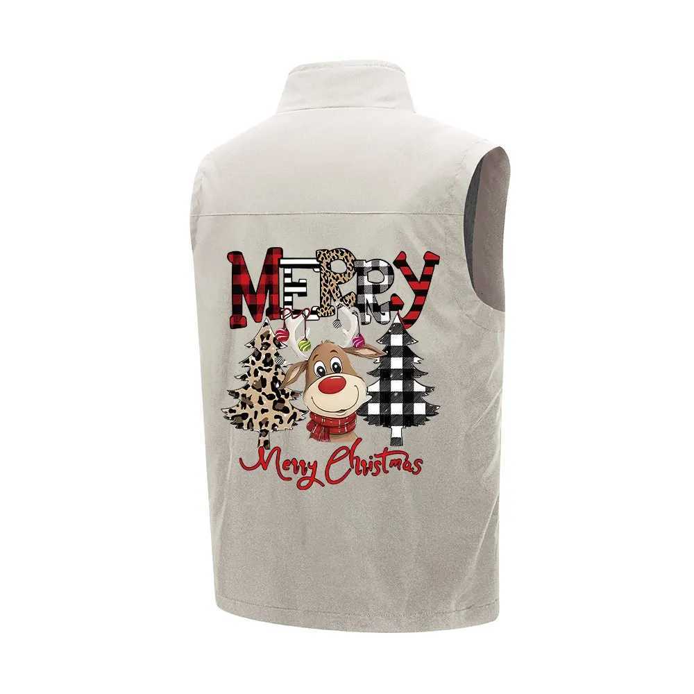 Mens Vest Coat Christmas Elk Prints Multiple Zipper Pockets Sleeveless Windproof Outwear Windbreaker for Hiking Fishing Camping W251029