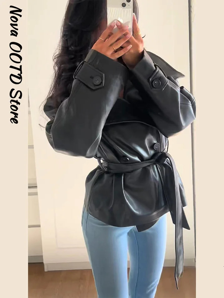 Street Belt Cropped Leather Jackets Women Stand Collar Double Breasted Pockets Long Sleeve Coats 2025 Autumn Lady Chic Outwear 251029