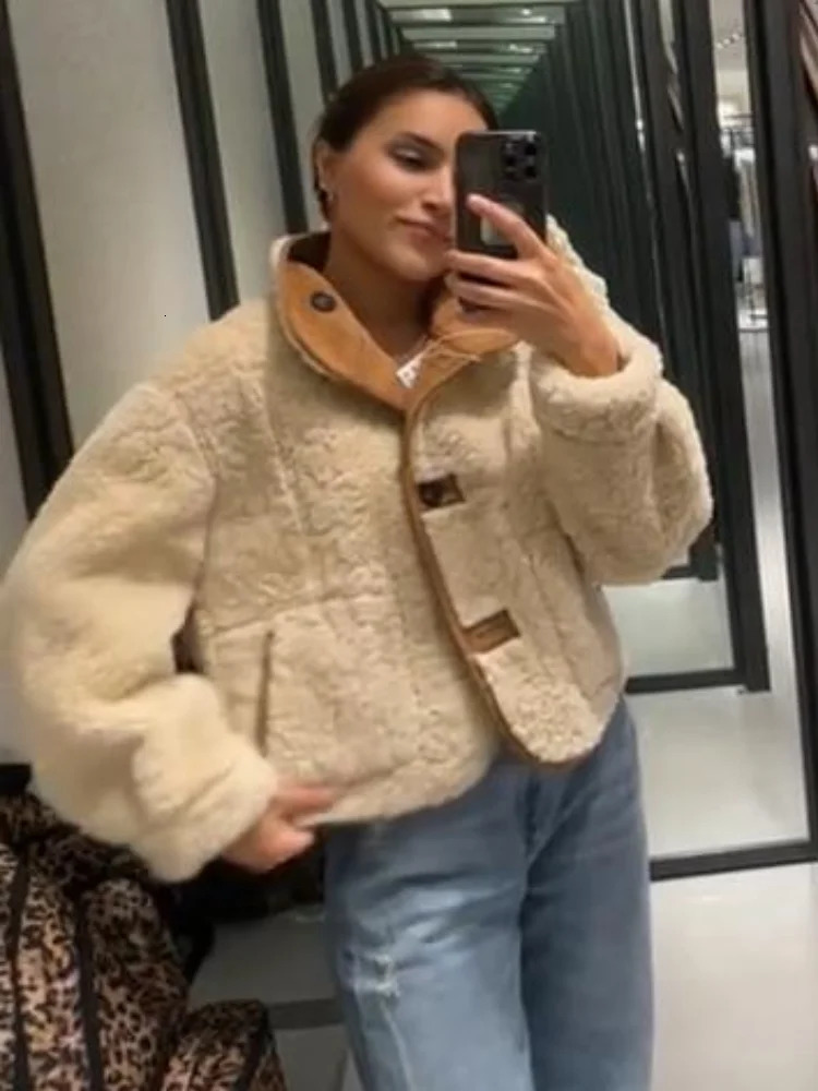 Winter Suede Faux Fur Reversible Jacket For Women Y2k Lapel Single Breasted Pockets Coats Lady Chic Warm Casual Outerwear 251028