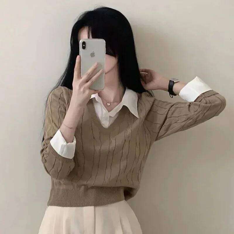 Korean Chic Spring And Autumn Age-Reducing Sweaters Retro Temperament Preppy Fake Two Pieces Shirts Twist Knit Women's Tops Women Sweater Designe