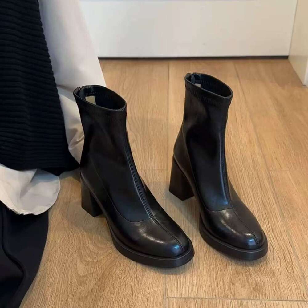 Designer Shoe Cowhide Version ~ Minimalist New Black Versatile Stretch Slim for Women with Back Zipper High Heel Slimming Short Boots