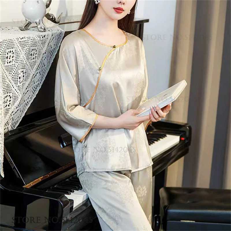 New Chinese Style Women Pajamas Set Loungewear Elegant Print Flower Sleepwear Trouser Suits Loose Silk Satin Homewear PyjamaT251029
