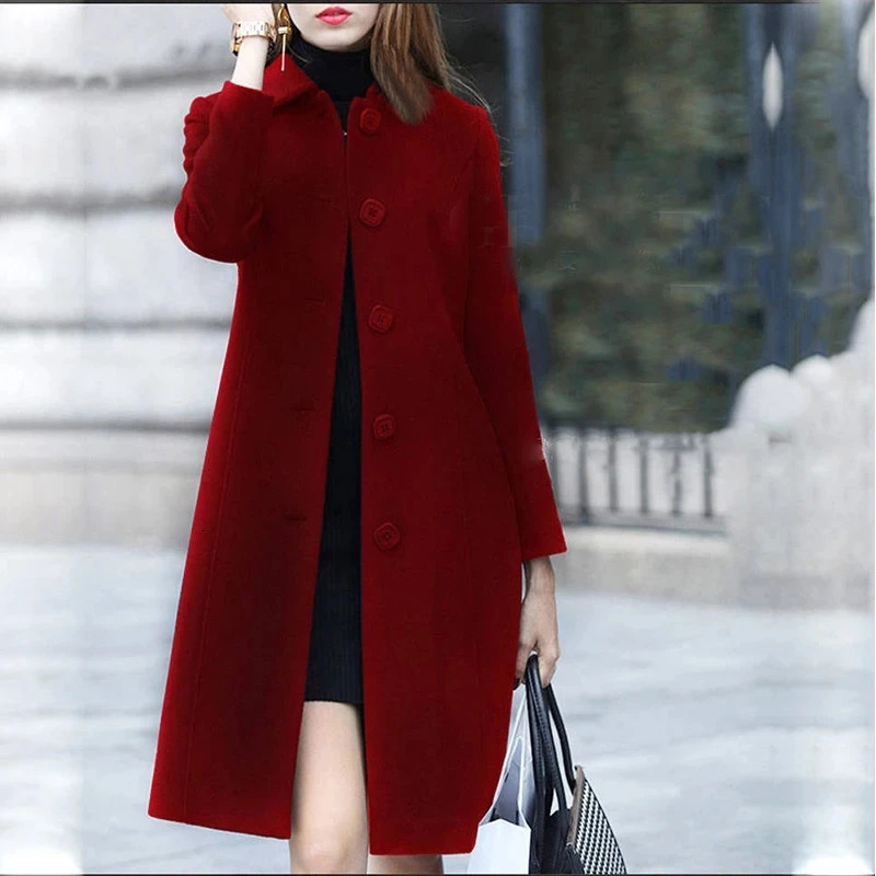Fashion British Solid Button Wool Coat Women Long Sleeve Jackets Woman Elegant Pocket Slim Outfit Mujer 251029
