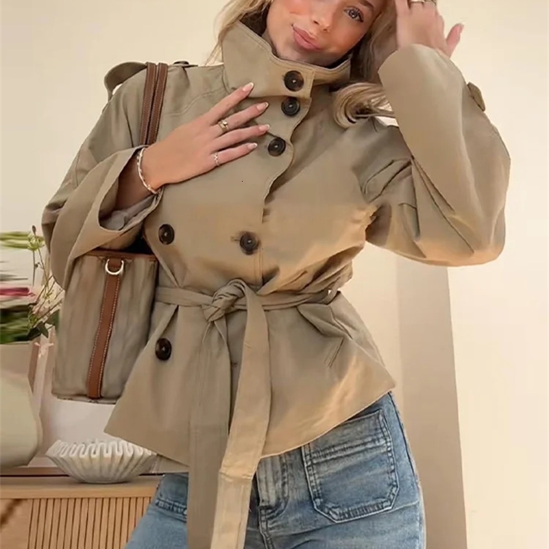 Windbreaker jacket 2025 retro lapel with double breasted straps versatile long sleeved short style 251028