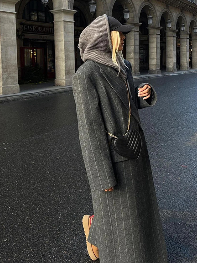 Vintage Womens Striped Woolen Overcoat Long Sleeve Fashion Lapel Oversized Coat Autumn Winter Commute Jacket for Ladies 251028
