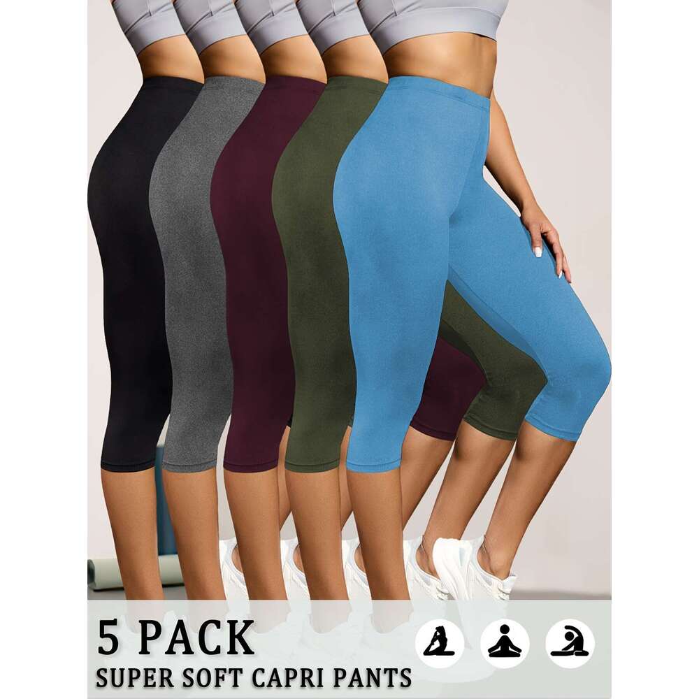 5pcs Women'S Super Soft Capri Pants, Solid Color High Stretch Athletic Leggings for Workout, Running, Yoga - Breathable & Comfortable Spring/Summ