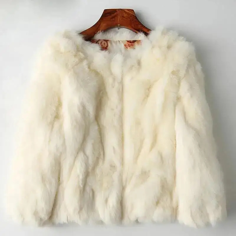 2025 Womens Real Rabbit Fur Coat Highwaist Round Collar Cardigan Longsleeved Slim Fit Rabbit Jacket Women Fashion Coat 251029