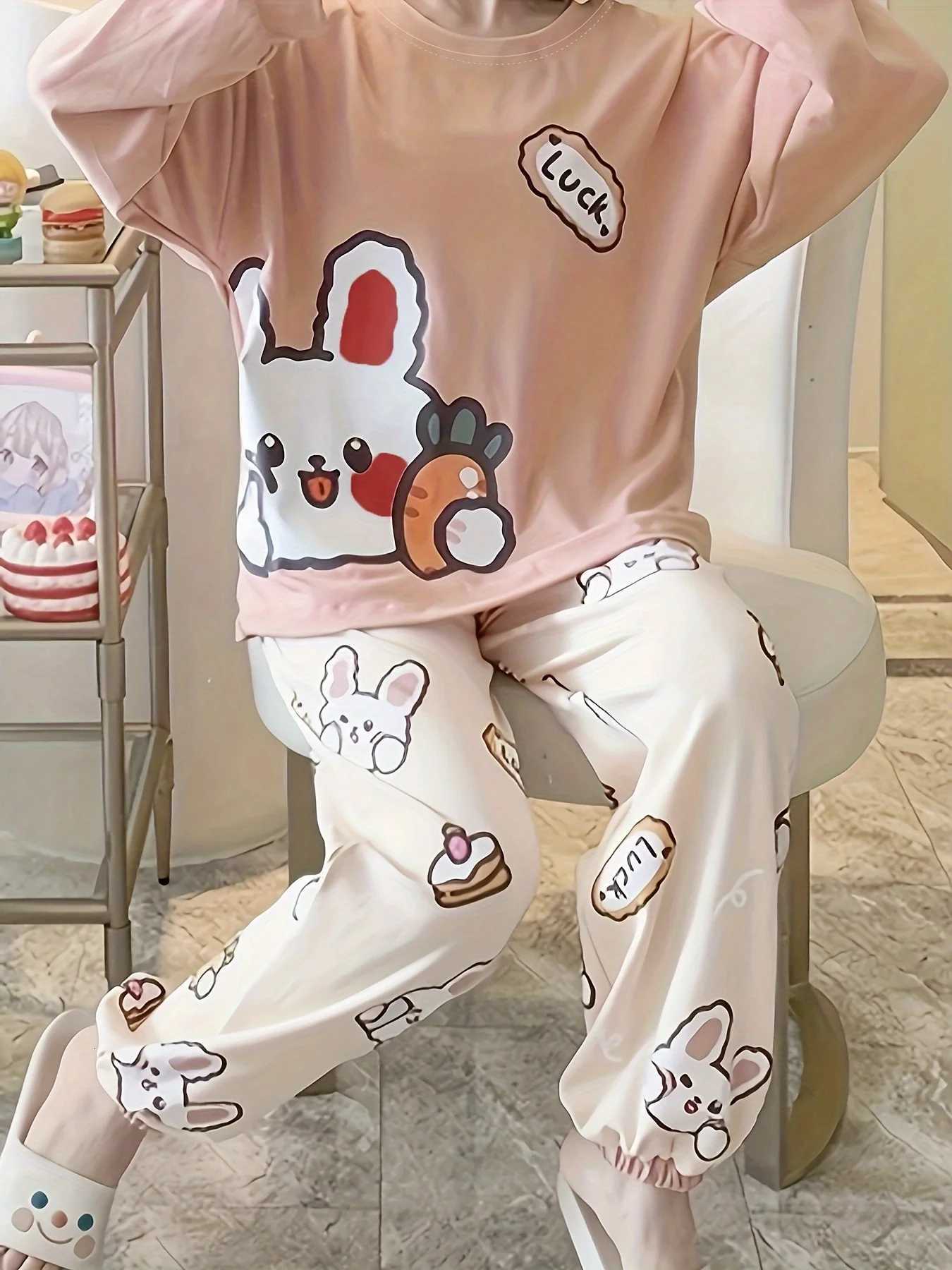 New Womens Pajama Set for Spring Autumn Winter Cute Rabbit Long Sleeve Cartoon Style Plus Size Suitable for Students T251029