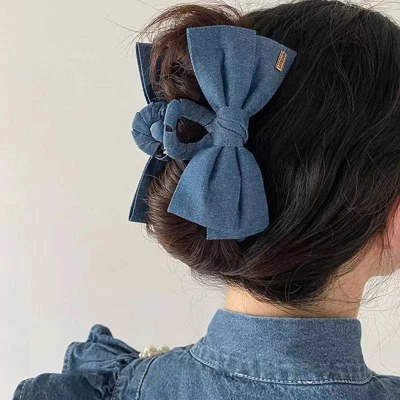 1PC Denim Fabric Hair Clip Bow Clip Womens Elegance Back of the Head Updo Grip Clip Elegant Shark Clip Hairpin HeadpieceW251028