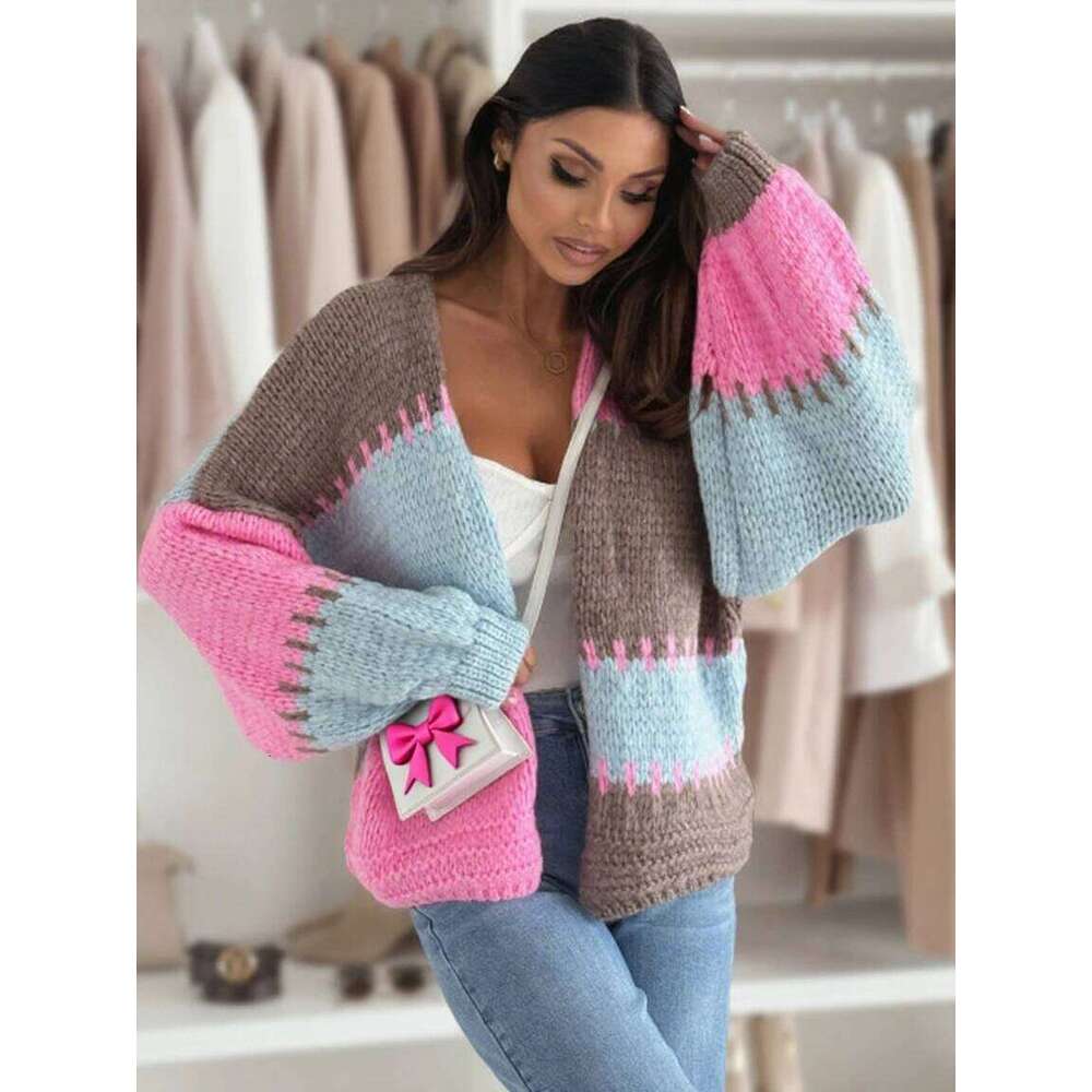 Women's Contrasting Casual Lantern Sleeve Cardigan Loose Soft Comfortable Knit Sweater Jacket