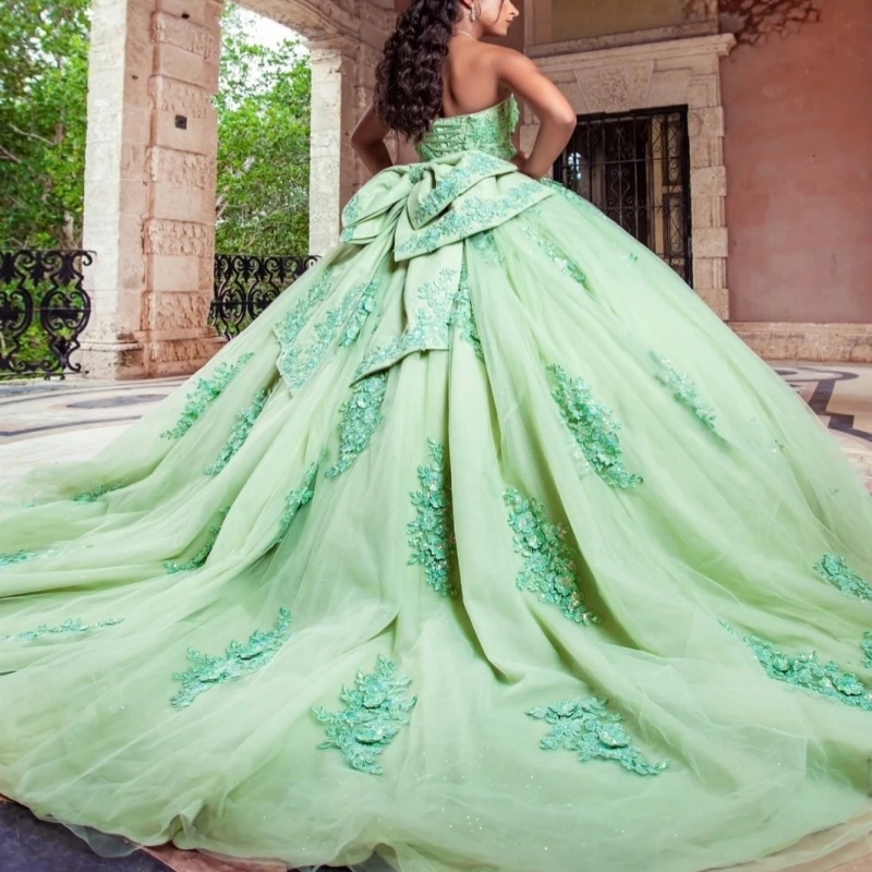 Green Ball Gown Quinceanera Dresses Off The Shoulder Applique Lace Beads Bow Tull Party Birthday Sweet 16 Dress Vestidos 15 De