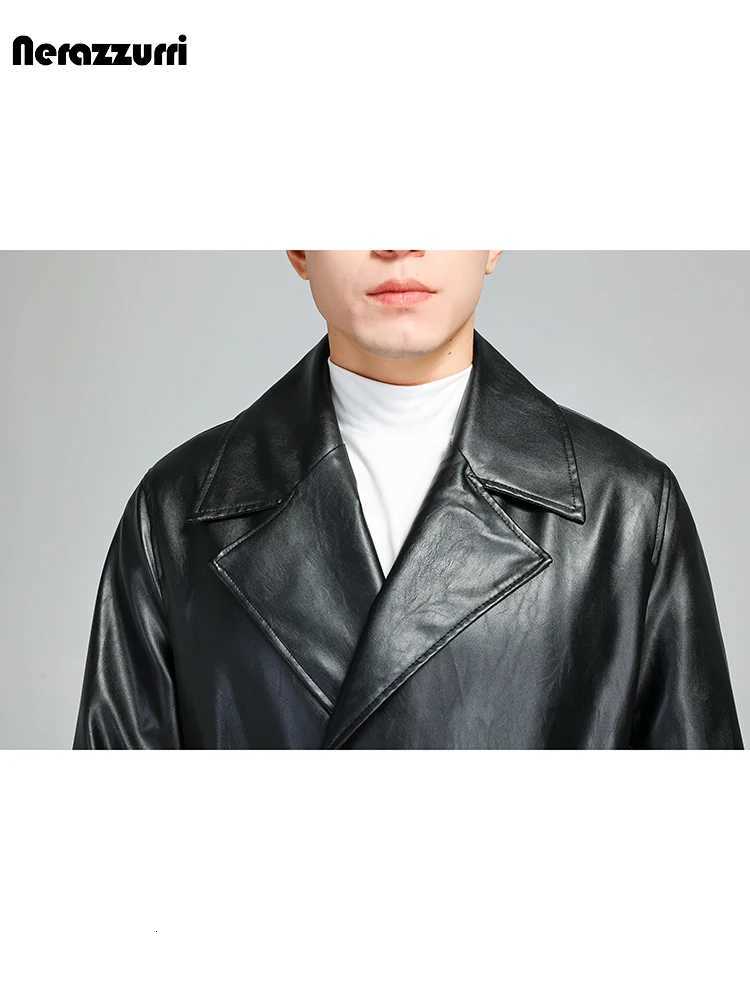Nerazzurri Autumn Winter Long Black Soft Pu Leather Trench Coat Men Belt Double Breasted Luxury Plus Size Overcoat 3xl 4xl 5xlT251029