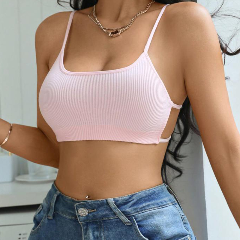 Bras Women's Ribbed Cami Sports Bra, Spaghetti Strap Seamless Crop Top, Comfortable Casual & Gym Wear Bralette with Adjustable Straps