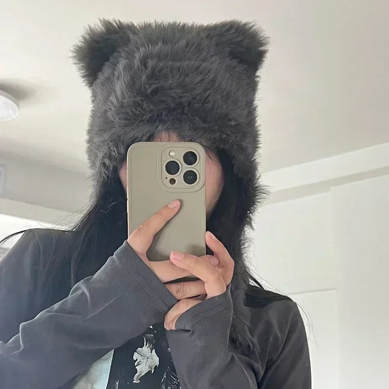 Autumn and Winter Soft Plush Cute Cat Ears Sweet Pullover Womens Hats Korean Casual Shopping Ear Protection Strap Beanies Cap 251029