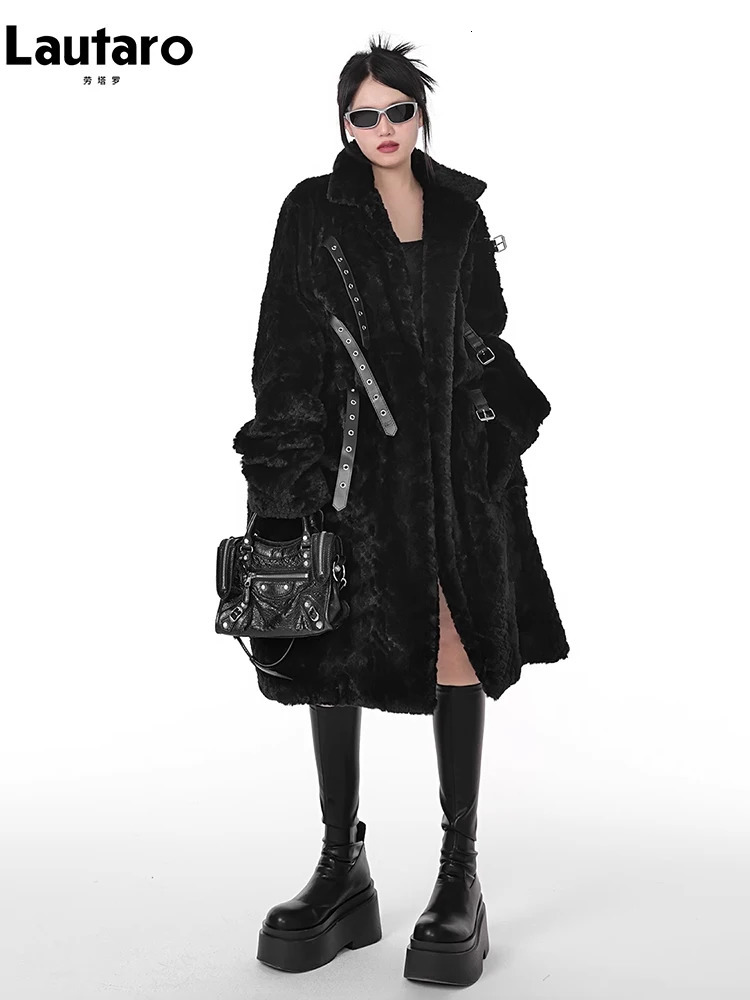 Lautaro Winter Cool Long Loose Casual Soft Thick Warm Black Fuzzy Faux Fur Coat Women Stand Collar Punk Style Fluffy Jacket 251029