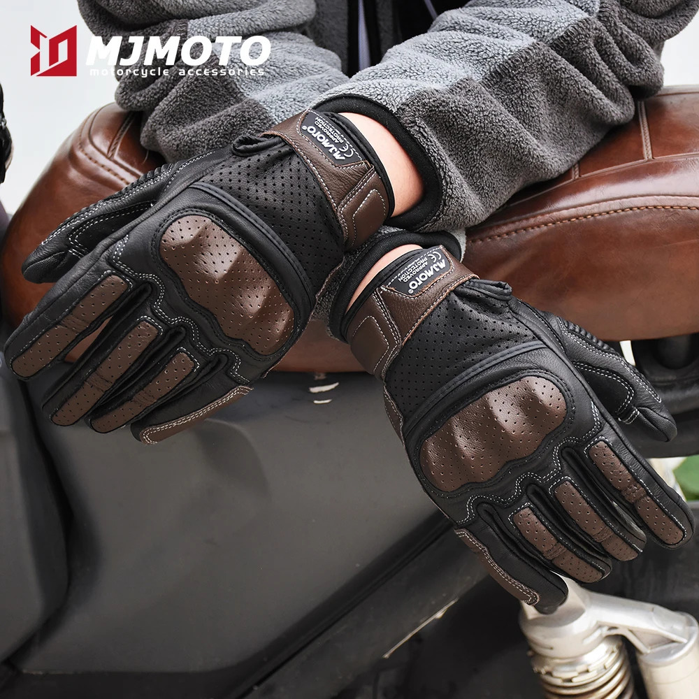 With CE Approved Summer Retro Perforated Leather Motorcycle Gloves Men Women Full Finger Motocross Dirt Biker Glove Guantes Moto 251013