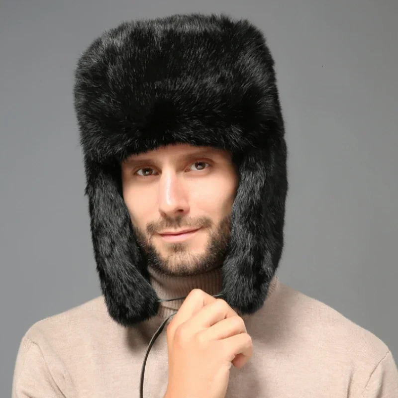 Winter Russian Man Woman Wholeskin Faux Rex Rabbit Fur Hats Faux Sheep Skin Leather Cap Fur Bomber Hat Ushanka Hats 251029