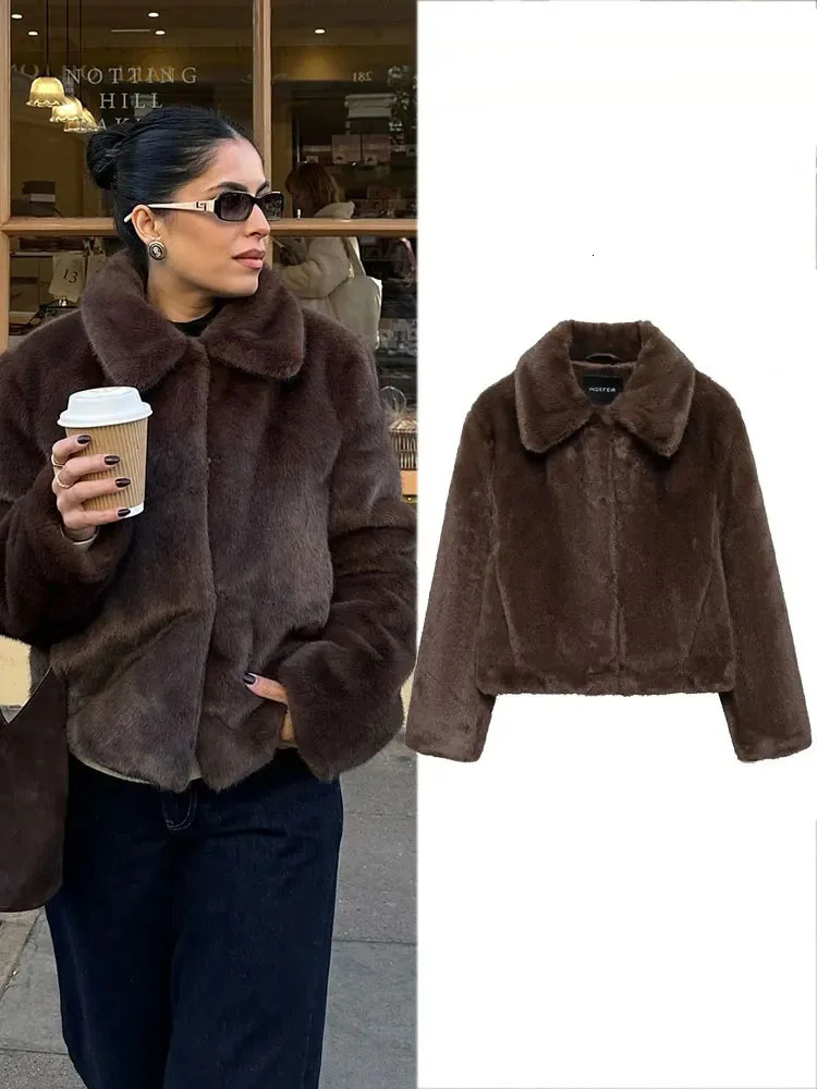 HH Winter Womens Retro Brown Chic Faux Fur Short Jacket Lapel Long Sleeve Single Chest Pocket Streetwear 251028