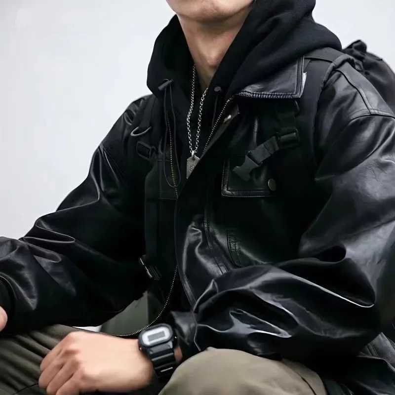 Oversized Mens Leather Jackets Black VIntage PU Biker Coat Faux Leather Bomber Jacket Punk Big Pockets Windbreaker OvercoatT251029