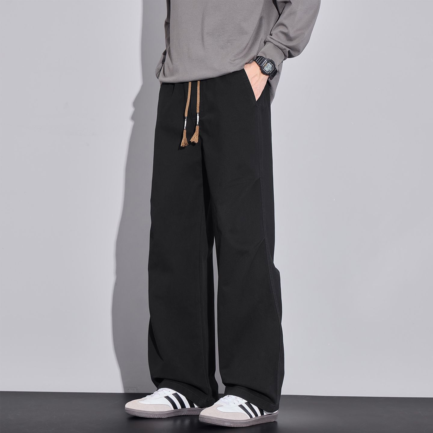 2025 Men's wide-leg casual pants, loose pure cotton long pants, trendy and retro autumn and winter new straight-leg pants, floor-length pants--12