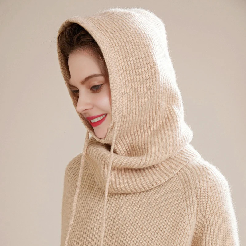 100Wool Knitted Balaclava Hat For Women Winter Hooded Drawstring Skullies Cap Face Neck Protect Soft Warm Cashmere SKi Bonnet 251013