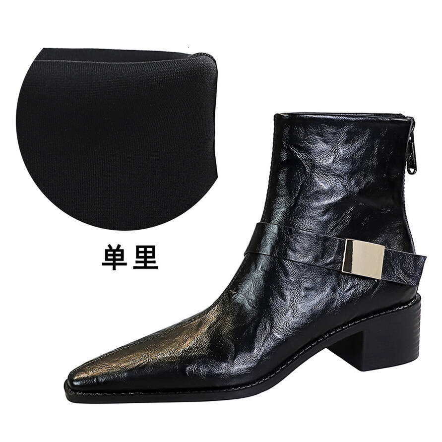 Pointed Toe Stylish Designer Shoe Winter Mid Calf Short Boots Chunky Heel with Metal Buckle Riding