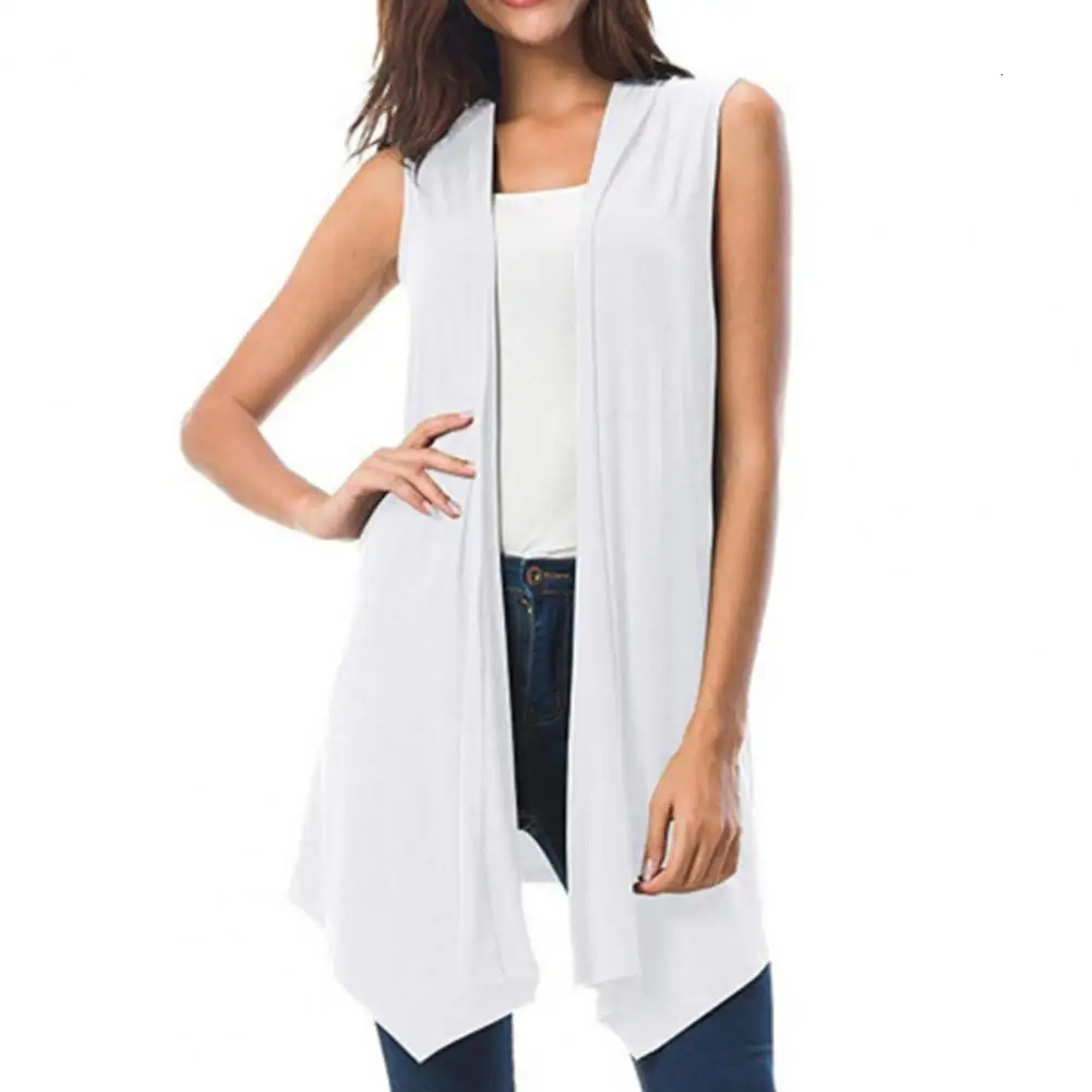 Women Cardigan Vest Solid Color Sleeveless Tank Top Open Front Draped Midlength Hem Waistcoat Lady Coat 251029