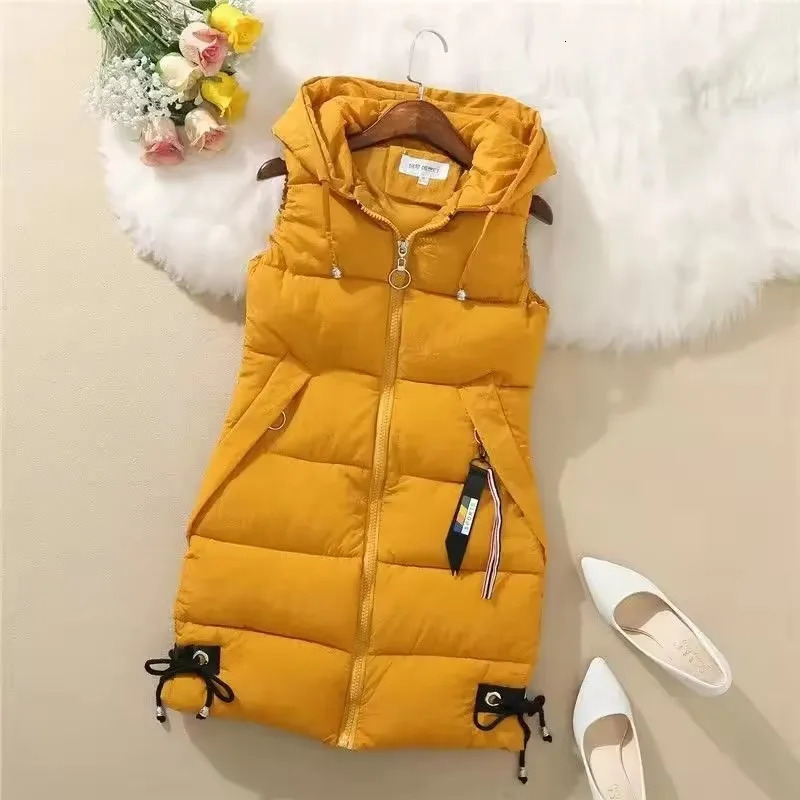 Autumn Winter Women Cotton Vest Jacket Midlength Puffer Sleeveless Parkas Coat Casual Pocket Hooded Waistcoat Female W 251027