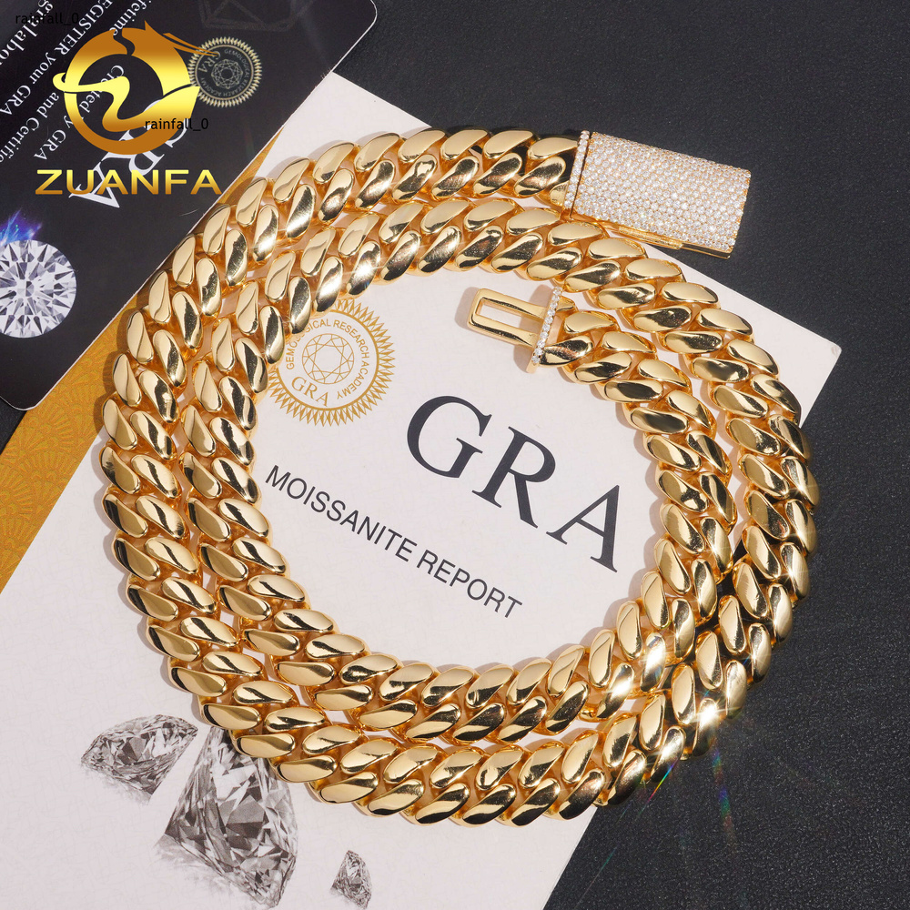 Real Gold Plated 12mm Moissanite Clasp Chain Cuban Links Plain Miami Chain Pass Diamond Tester 925 Cuban Link Chain Necklace