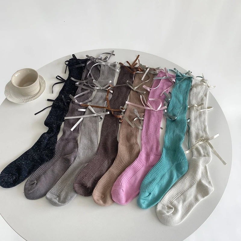 Ballet Style Multi Bowknot Womens Socks Fashion Cotton Elastic High Tube Female Sock Sweet Lolita Bow Calf Socks Solid Colors 251029