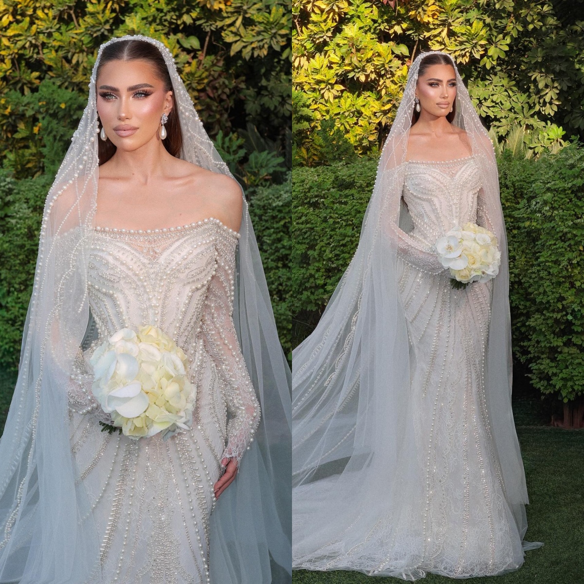 Elegant Wedding Dresses Pearls Off Shoulder Bridal Gowns Rhinestone Lace Long Sleeves Princess Mermaid Customized Vestidos De Novia Plus Size