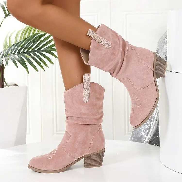 Women Vintage Brown Western Cowboy Boots Autumn Winter Tassel PU Leather Ankle Booties Ladies Pleated Highheeled Midcalf Boot Z251029