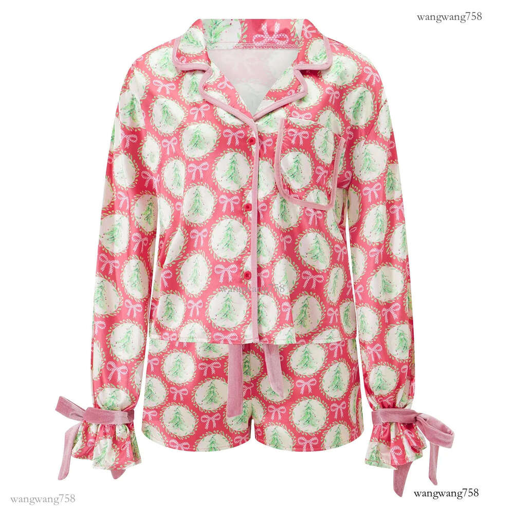 Hirigin Women 2 Piece Christmas Pajamas Set Bow Tie Long Sleeve Button Shirt Ruffle Shorts Colorful Print Pjs Sets Sleepwear 241112