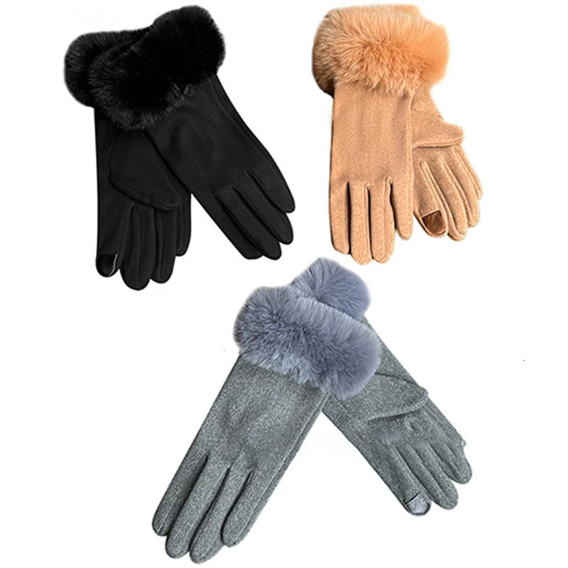 Winter Rabbit Fur Mouth Full Finger Touch Screen Plus Velvet Warm Gloves For Women 251029