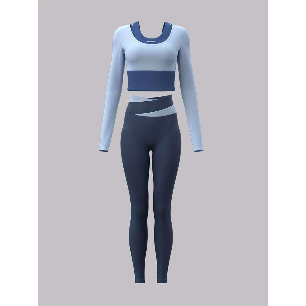 2pcs Women's suit Colorblocked design Long sleeves Built-in bra pads Matching leggings Suitable for cycling, fiess, yoga, running sports
