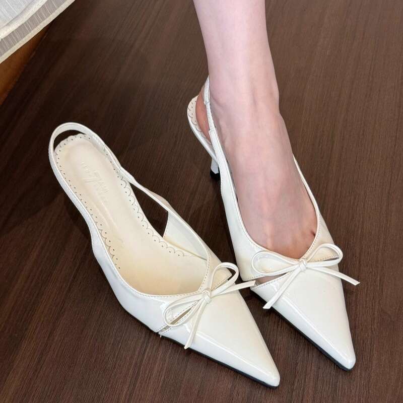 Nude Pointed Toe Bowknot Designer Shoe Women's 2025 Spring New Stunning French Style Shallow Mouth Backless Non-Slip High Heel Sandals
