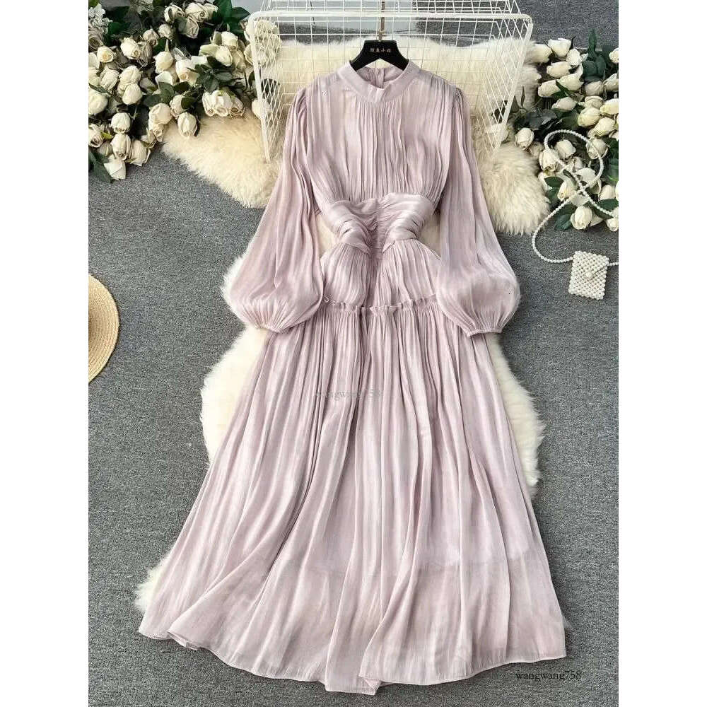 French Folds Wedding Formal Occasion Dresses For Womens Stand Puff Sleeve Chic A-Line Pleated Shine Robe Clothes Holiday 240929