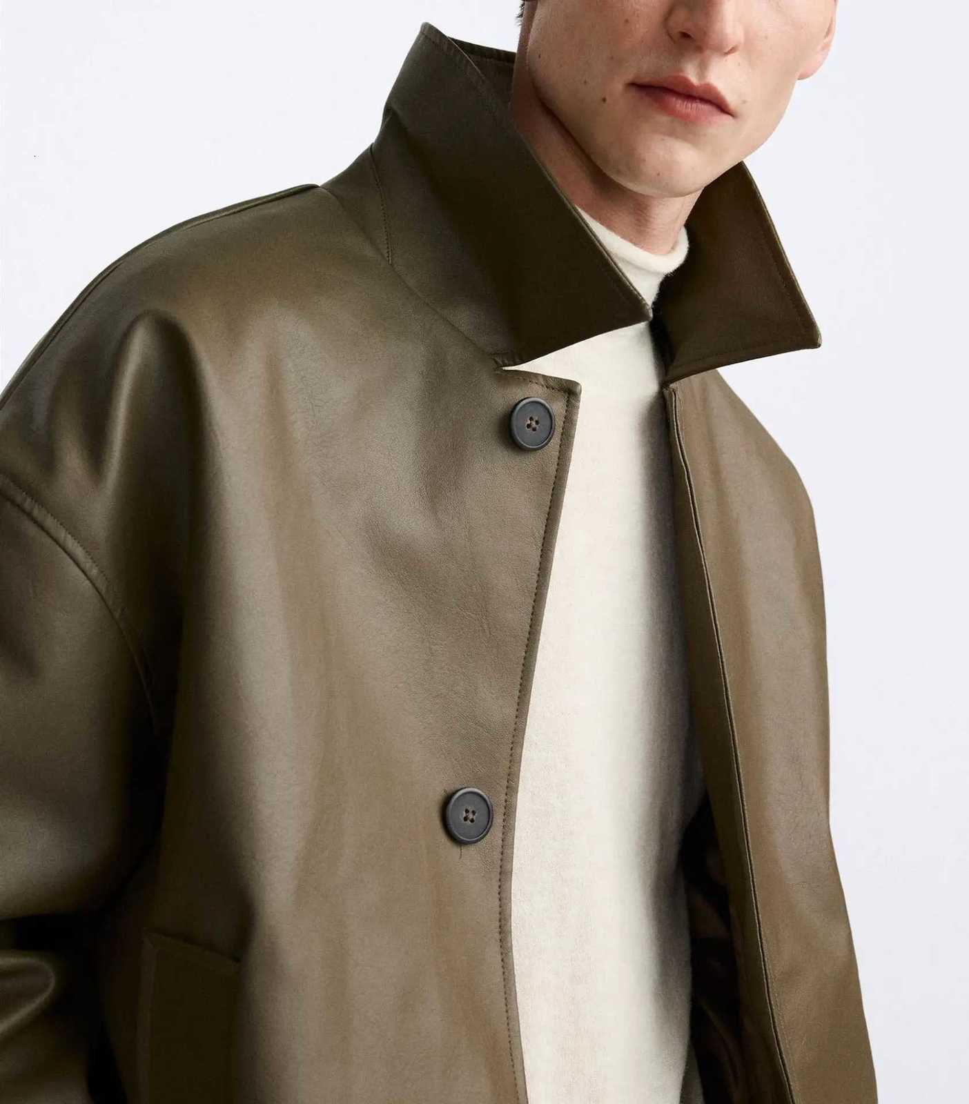 Mens Spring and Autumn New Fashion Casual Imitation Leather Lapel Jacket Solid Color Single Breasted Loose PU Leather JacketT251029