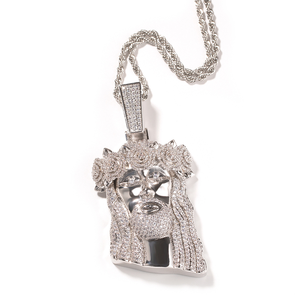 Hip Hop Classic Rose Flower Jesus Pendant Necklace 5A Zircon Real Gold Plated Religious Jewelry