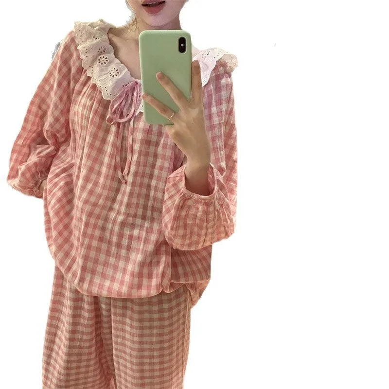 Sweet Large Collar Lace Trim Pajamas for Women with Plaid Long Sleeves and Pants Student Home Wear Size 2 Piece Set 251029