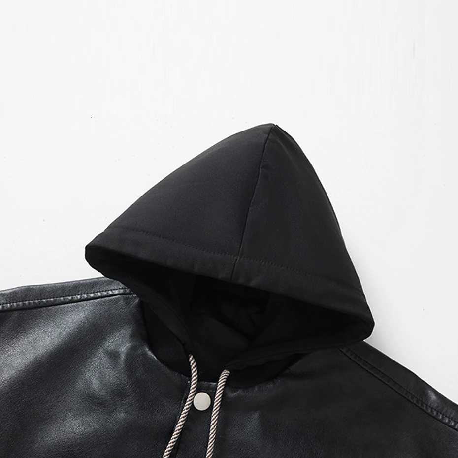 Hooded PU Jacket Men Spring Autumn Motorcycle Biker Jacket Coat Fashion Casual Solid Color Cargo Jacket Male PU Coat BlackT251029