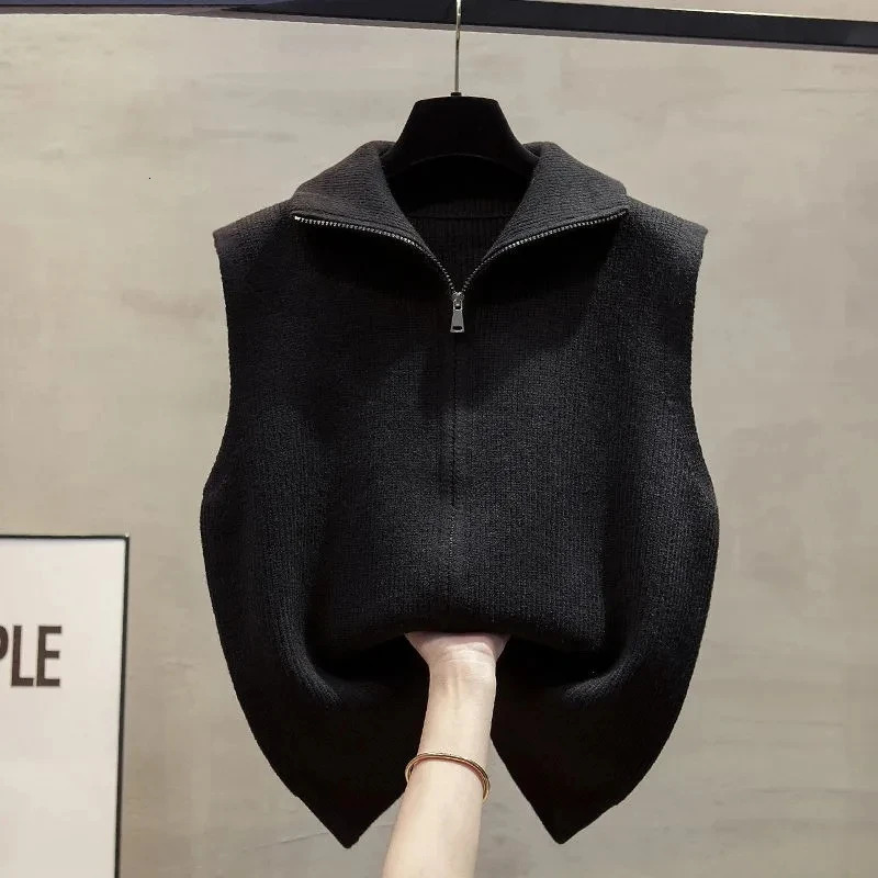 Double Zipper Women Knitted Sweater Vest Spring Autumn Stand Collar Sleeveless Sweater Vest Solid Waistcoat Outer Wear Vest Top 251029