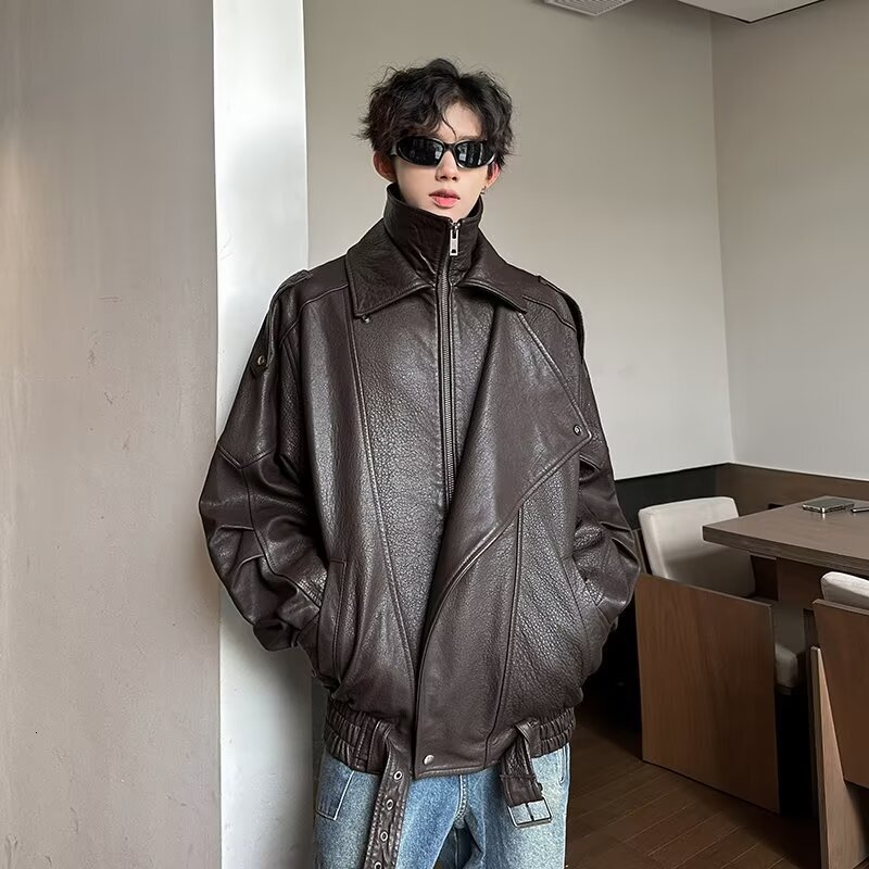 Vintage Stylish Leather Jacket For Men Youth Motorcycle Jacket Pilot Leather Designer Jacket Jacket Spring And Autumn Trendy Brand Loose Fit Coat