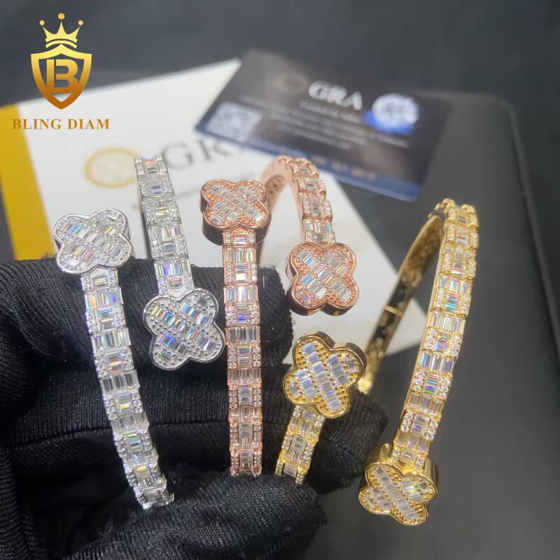 Hot Saling Fine Jewelry Four Leaf Clover Bangle 925 Sterling Silver Iced Out VVS Moissanite Hip Hop Bracelet Pass Diamond Tester